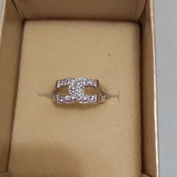 Interlocking C Paved with Pink Rhinestone Crystal Silver Tone Ring Size 6 - Picture 1 of 6